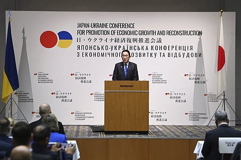 Japanese Prime Minister delivers a speech during the Japan-Ukraine Conference for Promotion of Economic Growth and Reconstruction in Tokyo, Monday, Feb 19, 2024.