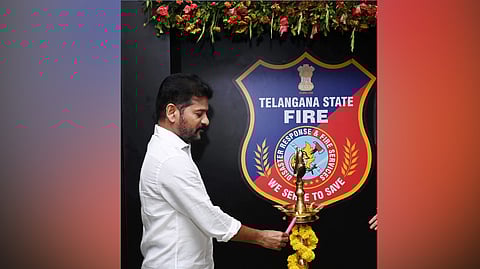 Chief Minister A Revanth Reddy inaugurates the headquarters building of the Telangana State Disaster Response & Fire Services at Nanakra-mguda, Hyderabad, on Sunday.