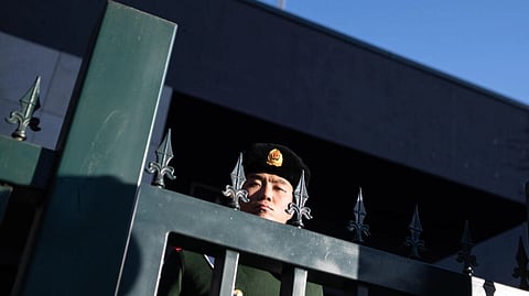 A Chinese paramilitary policeman stands guard at the Australian embassy in Beijing on January 25, 2019. 
