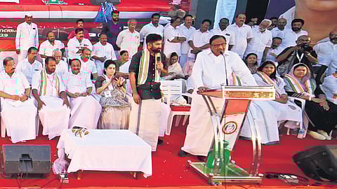 Congress leader P Chidambaram speaking at the Samaragni rally in Thrissur on Sunday.