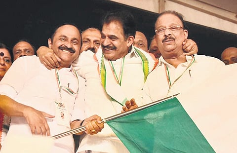 Leader of Opposition V D Satheesan, AICC general secretary (organisation) K C Venugopal and Congress state president 
K Sudhakaran during an event to kick off the Samaragni Janakeeya Yatra in Kasaragod on Friday.