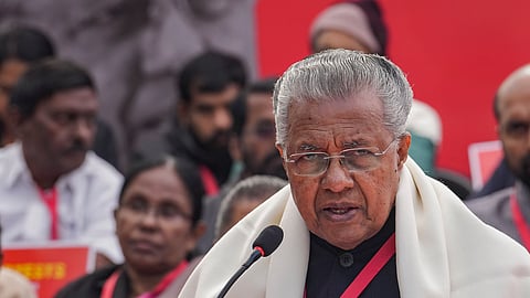 Kerala Chief Minister Pinarayi Vijayan addresses the gathering during LDF's protest against the BJP-led Centre over alleged neglect and partiality in allocation of funds to their states, at Jantar Mantar, in New Delhi, Thursday, Feb. 8, 2024.