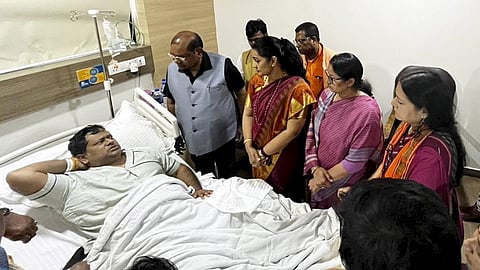Union Minister Annapurna Devi, BJP leader Agnimitra Paul and others visit West Bengal state BJP President Sukanta Majumdar at a hospital in Kolkata.