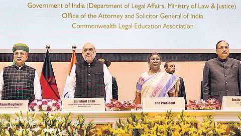 President Droupadi Murmu, Home Minister Amit Shah, Law Minister Arjun Ram Meghwal and SC Judge Justice Surya Kant during the conference on Sunday.