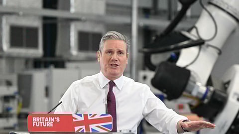Britain's main opposition Labour Party leader, Keir Starmer, gestures as he delivers a speech at the National Composites Centre at the Bristol and Bath Science Park in Bristol, south-west England, on January 4, 2024.