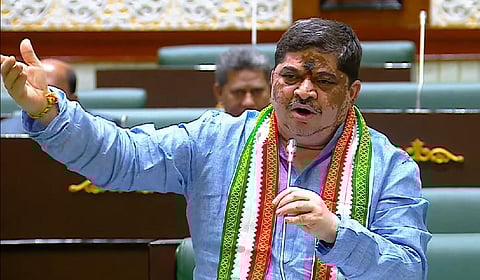 BC Welfare minister Ponnam Prabhakar speaks during the assembly session in Hyderabad.