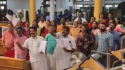 BJP councilors protesting during the presentation of the Thiruvananthapuram Corporation 