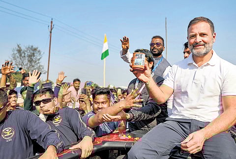 Rahul Gandhi during the Bharat Jodo Nyay Yatra in Bokaro on Sunday.