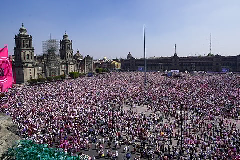 People take part in a march organized by citizen organizations demanding that electoral autonomy be respected in the upcoming general elections in downtown Mexico City, Sunday, Feb. 18, 2024. 