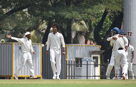 Tamil Nadu skipper Sai Kishore celebrates a wicket against Saurashtra in the Ranji Trophy quarterfinal at SNR College Cricket Grounds in Coimbatore on Sunday.