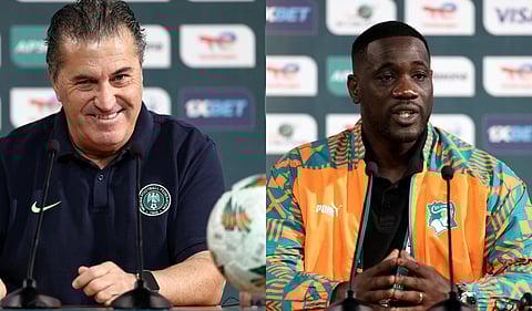 Nigeria's Portuguese coach Jose Peseiro (L) and Ivory Coast's coach Emerse Fae give a press conference at the palais de la Culture in Abidjan on February 10, 2024 on the eve of the 2024 AFCON final football match between Ivory Coast and Nigeria.