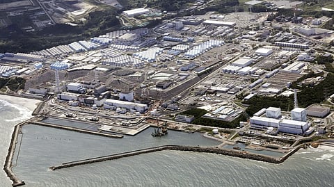 Aerial view of the wrecked Fukushima Daiichi nuclear power plant in Okuma town, northeastern Japan, on Aug. 24, 2023.