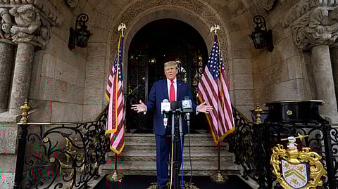 Republican presidential candidate and former US President Donald Trump speaks at his Mar-a-Lago estate Thursday, Feb. 8, 2024, in Palm Beach, Florida.