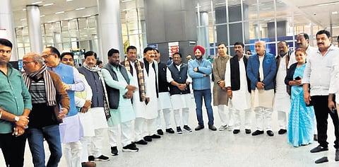 Bihar Congress MLAs arrive at the RGI Airport in Hyderabad on Sunday, Feb 4, 2024.