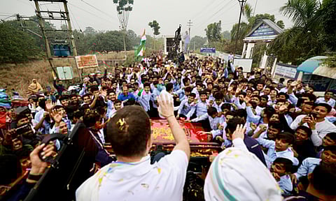 Congress leader Rahul Gandhi waves to people as he leads the party's Bharat Jodo Nyay Yatra, in Murshidabad on Thursday.