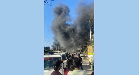 Smoke billows after a fire broke out inside a cosmetic factory at the Baddi industrial area, in Solan district, Friday, Feb. 2, 2024. 