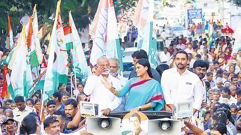 APCC president YS Sharmila takes part in a rally in Nagari on Sunday.