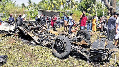 The mangled remains of the vehicle, in which the firecrackers were brought, lying at the explosion site at Choorakkad near Tripunithura on Monday.