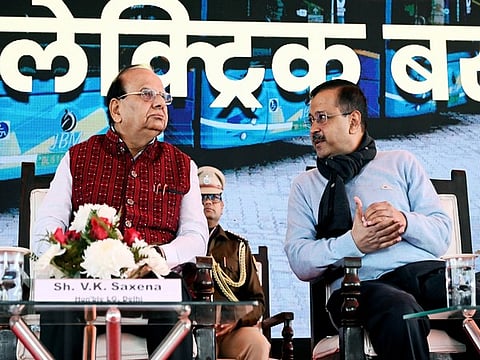Delhi LG VK Saxena with Chief Minister Arvind Kejriwal.