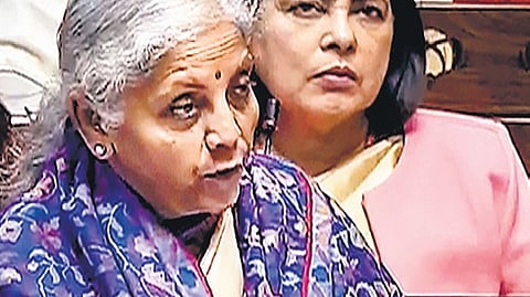 Finance Minister Nirmala Sitharaman speaks in the Rajya Sabha during the Budget session of Parliament | pti