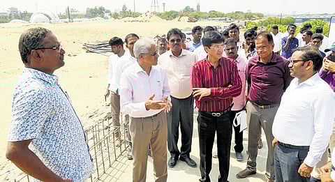 Chief secretary Shiv Das Meena, corporation commissioner J Radhakrishnan and other senior officials inspecting infrastructure works in the city on Sunday | Express
