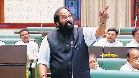 Irrigation Minister N Uttam Kumar Reddy gestures as he speaks in the Assembly