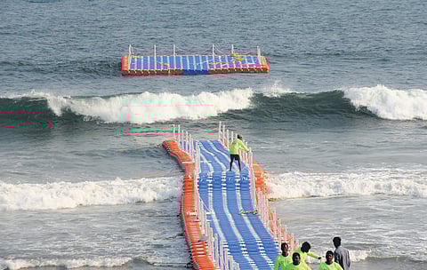 A view of the snapped floating sea bridge in Vizag on Monday.