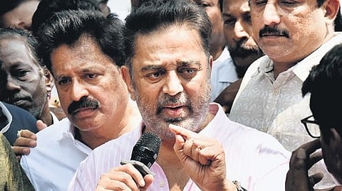 Kamal Hassan speaks to the media on Wednesday in Chennai 