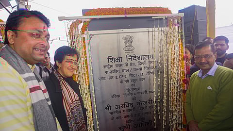 Delhi Chief Minister Arvind Kejriwal and Delhi Education Minister Atishi Singh during the foundation stone laying ceremony of a government school at Kirari, in New Delhi