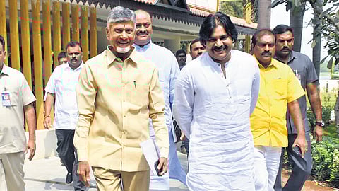 TDP supremo Chandrababu Naidu and JSP chief Pawan Kalyan at the former’s residence in Undavalli.