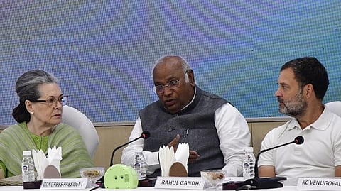 Congress President Mallikarjun Kharge with party leaders Sonia Gandhi and Rahul Gandhi during the Congress Working Committee (CWC) meeting at AICC headquarters in New Delhi on Tuesday, March 19, 2024.