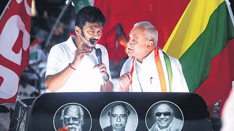 Minister Udhayanidhi Stalin and Congress’s Puducherry candidate V Vaithilingam during a campaign rally in the union territory on Sunday evening 