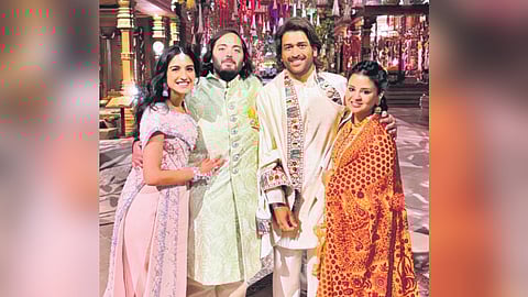 (From left) Radhika Merchant and Anant Ambani with cricketer MS Dhoni and Sakshi Dhoni