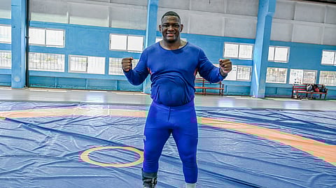 Cuban Greco-Roman wrestler Mijain Lopez poses for a picture during a training session in Havana, on March 14, 2024. 