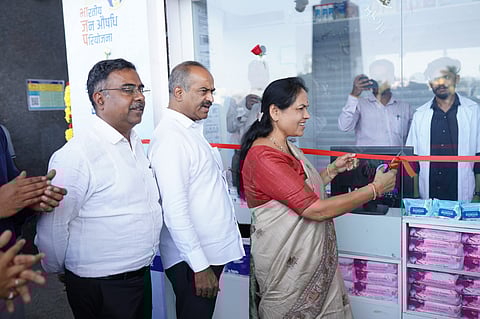 Union Minister of State for Agriculture, Farmers Welfare and Food Processing Industries, Shobha Karandlaje, declared open a Pradhan Mantri Bhartiya Janaushadhi Kendra at Sir M. Visvesvaraya Terminal in Bengaluru on Tuesday. Bengaluru Central MP P C Mohan and Divisional Railway Manager Yogesh Mohan are seen with her.
