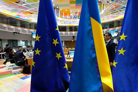 A general view of a roundtable meeting of the EU-Ukraine Association Council at the European Council building in Brussels, Wednesday, March 20, 2024.
