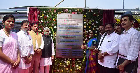 Assembly Speaker G Prasad and ministers D Sridhar Babu. Damodar Rajanarsimha , Konda Surekha inaugurating the treatment plant set up at Pashamailaram in Patancheru mandal on Saturday.