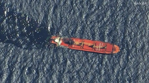 This satellite image taken by Maxar Technologies shows the Belize-flagged ship Rubymar in the Red Sea on Friday, March 1, 2024.