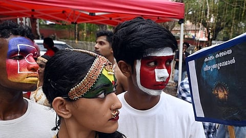 A group of college students attended the rally ahead of the Kerala University Youth Festival at Unive