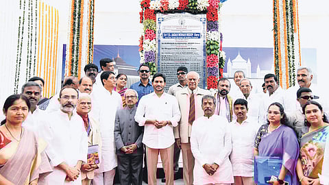 Chief Minister YS Jagan Mohan Reddy laying the foundation stone for the National Law University in Kurnool on Thursday 