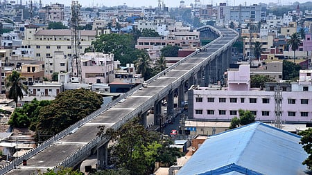 Aerial view of second level of Gandhipuram flyover connecting 100-feet road and Dr Rajendra Prasad road in Coimbatore.