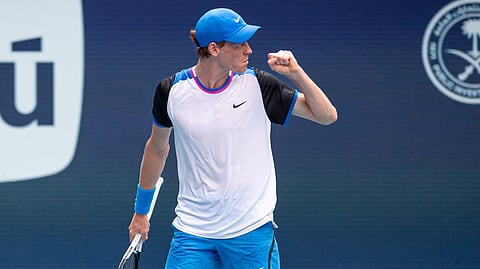 Italy's Jannik Sinner celebrates a point against defending champion Daniil Medvedev at the Miami Open semi-final.