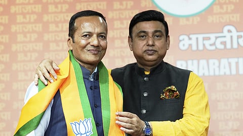 Former Congress MP Naveen Jindal being welcomed as he joins BJP, in New Delhi, Sunday.