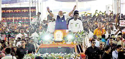 Prime Minister Narendra Modi during a BJP public meeting at Gajalnaikenpatti in Salem on Tuesday.