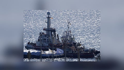 The ship belonging to the Open Arms aid group with aid on a platform ferry some 200 tonnes of rice and flour directly to Gaza, departs from the port of southern city of Larnaca, Cyprus.