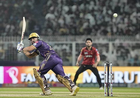 Kolkata Knight Riders Ramandeep Singh plays a shot during the IPL 2024 T20 cricket match between KKR and SRH, at the Eden Gardens Stadium, in Kolkata, Saturday, March 23, 2024. 