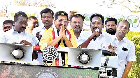 Former minister Sellur K Raju taking part in a campaign on Sunday. 