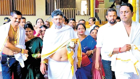 Deputy Chief Minister and KPCC president DK Shivakumar during a visit to the Sri Manjunathaswami Temple in Dharmasthala on Tuesday