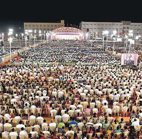 Thousands took part in the DMK meeting addressed by Chief Minister M K Stalin 
at Thadangam near Dharmapuri on Friday 