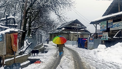 People cover their heads with umbrellas as they walk on the snow-covered area after the upper reaches of Jammu & Kashmir received heavy snowfall, in Kupwara,